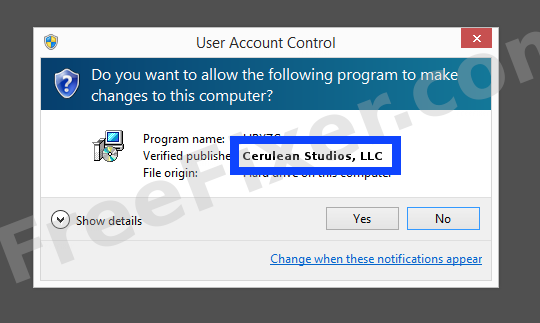 Screenshot where Cerulean Studios, LLC appears as the verified publisher in the UAC dialog